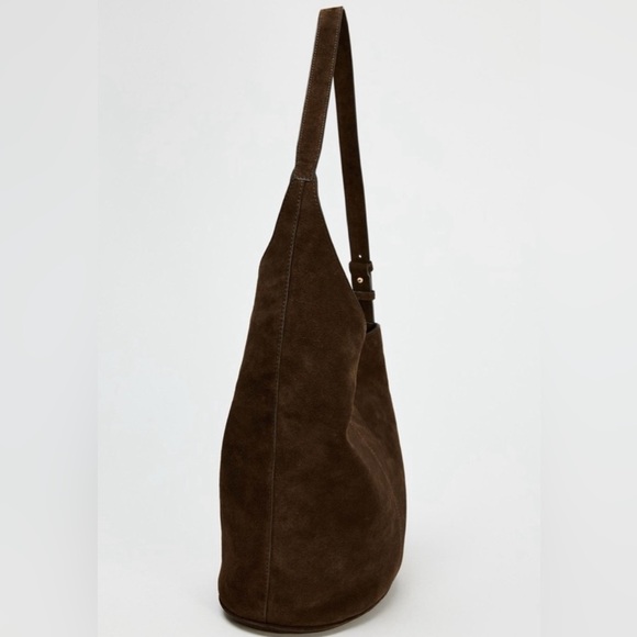 Zara Asymmetric Chocolate Suede Shoulder Hobo Bag in Dark Brown - Picture 4 of 14